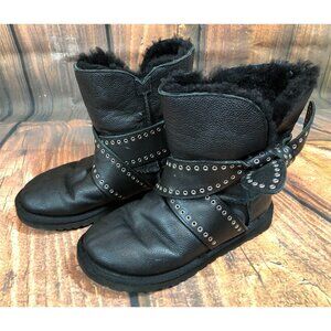 UGG Mabel Black Leather Grommet Studs Bow Short Boots Womens 5 /36 (s5L